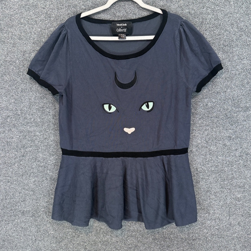 ModCloth x Collectif Top Women 16 Blue Cat Witchy Moon Embroidered Halloween